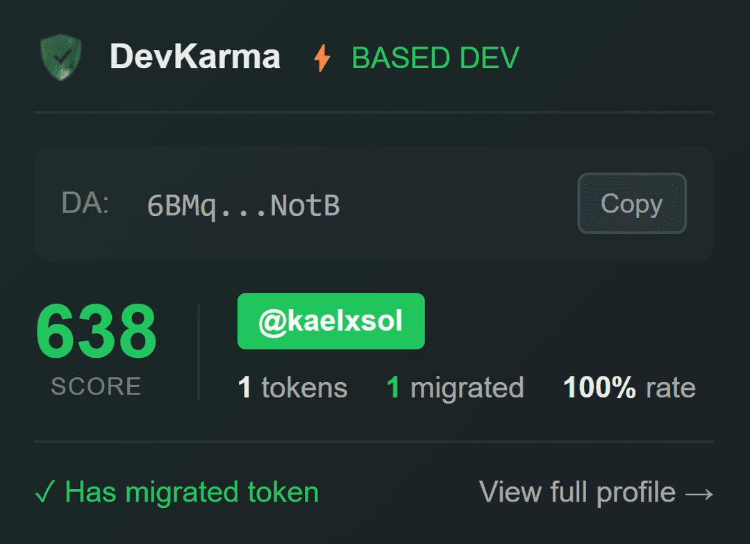 DevKarma Chrome Extension showing developer score in Axiom trading terminal